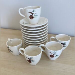 Victoria Ceramics JAPAN Vintage Tea Cups Set Cabin Pine Deer, 5 cups 11 coasters